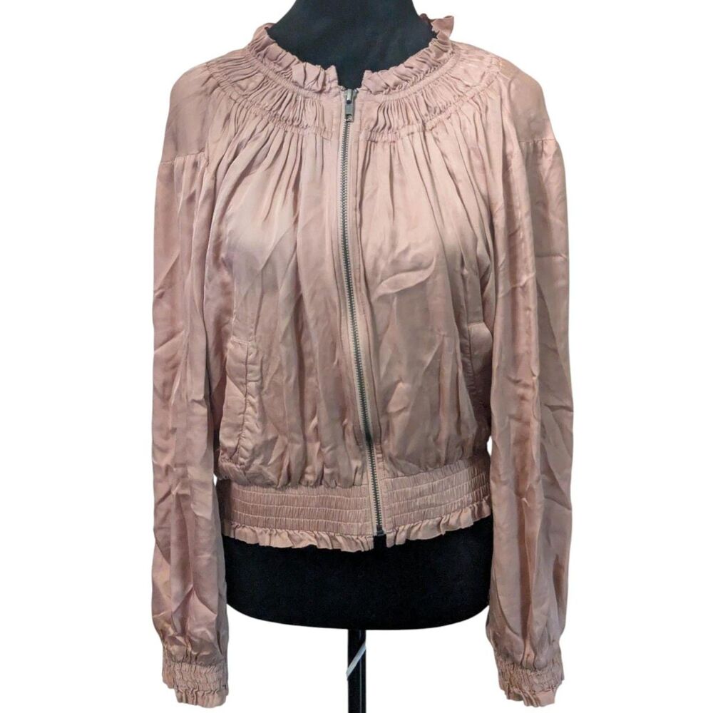 Love Sam Anthropologie Satin Bomber Jacket M Dusty Rose Ruched Trim Viscose